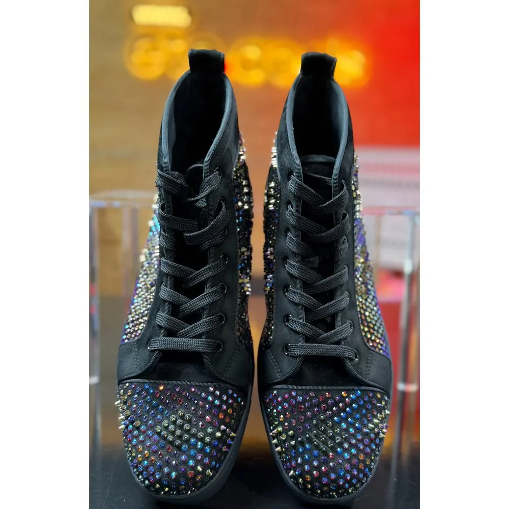 Christian Louboutin Men’s High-Top Sneakers Black Multicolor Crystal Strass Spi
